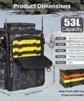 All In One Fishing Tackle Backpack With Integrated Cooler Bag 53L Waterproof Gear Backpack With 2 Rod Holders displayed with dimensions