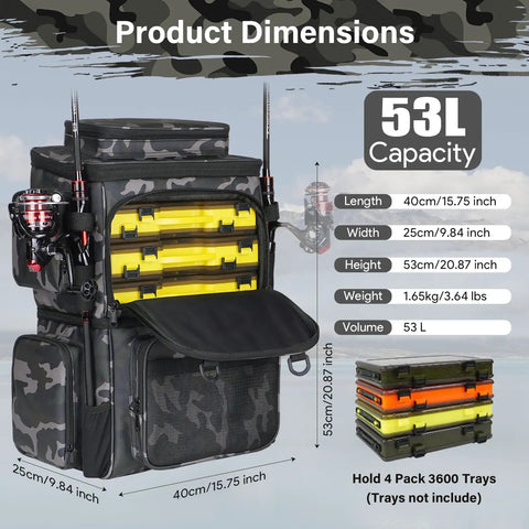 All In One Fishing Tackle Backpack With Integrated Cooler Bag 53L Waterproof Gear Backpack With 2 Rod Holders displayed with dimensions