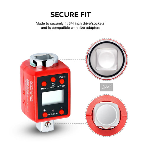 Three Quarter Inch Digital Torque Adapter Turns Any Ratchet Into A Pro Grade Torque Wrench With Audible Alert, 150 To 750 Foot Pounds Range, Calibrates Digital And Analog Wrenches, SAE And Metric, Bi Directional