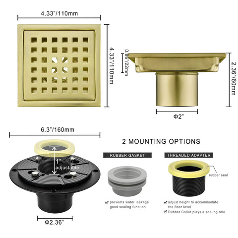 4 Inch Square Shower Drain With Adjustable Base Flange In SUS 304 Stainless Steel Removable Grid Cover Sleek Brushed Gold Finish Scratch Resistant Floor Drain For Bathrooms And Showers Easy Clean Upgrade For Modern Wet Areas