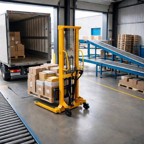 Tough Manual Straddle Pallet Stacker Powers Through 2200 Lbs Loads Without Breaking A Sweat Features Hand Hydraulic Pump And 63 Inch Lift Height For Quick Warehouse Workflows Daily in warehouse, lifting loaded pallet.