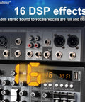 Close-up of 7 Channel Audio Mixer With Bluetooth Interface 16 Bit DSP Effects 48V Phantom Power Karaoke Studio Streaming And Recording Professional DJ Mixing Console XT7