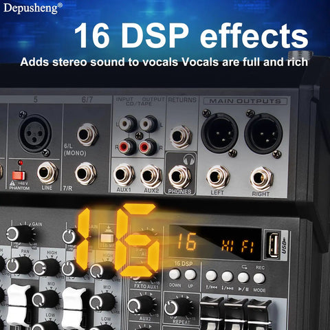 Close-up of 7 Channel Audio Mixer With Bluetooth Interface 16 Bit DSP Effects 48V Phantom Power Karaoke Studio Streaming And Recording Professional DJ Mixing Console XT7