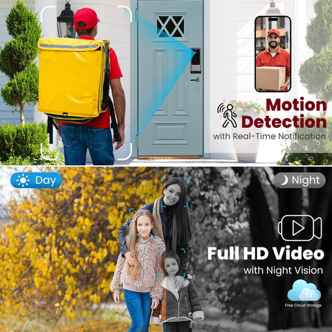 Six In One Smart Lock With Camera And Doorbell For Front Door, Keyless Entry, Fingerprint Scanner, App Remote, IC Card, Passcode, And Voice Control With Alexa And Google Assistant, Wi Fi Enabled Deadbolt In Silver, showcasing motion detection and full HD video features.