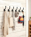 Six Pack Cast Iron Wall Hooks Vintage Black Metal Heavy Duty Coat Rack Bathroom Kitchen Entryway Decor Includes Fastening Hardware And Anchors with hats and bags.