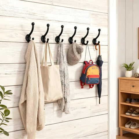Six Pack Cast Iron Wall Hooks Vintage Black Metal Heavy Duty Coat Rack Bathroom Kitchen Entryway Decor Includes Fastening Hardware And Anchors with hats and bags.