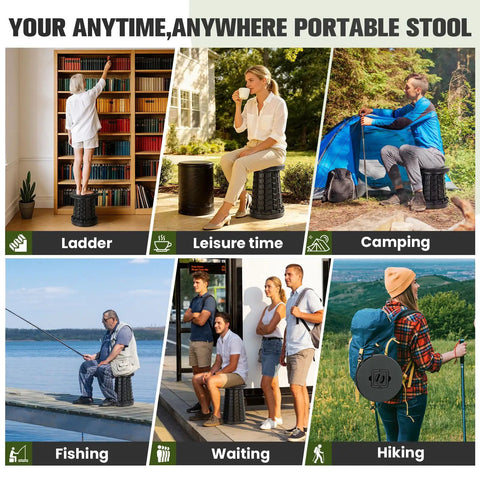 Collage of people using Upgraded XXL Collapsible Stool Portable Folding Chair With Safety Lock for various outdoor activities