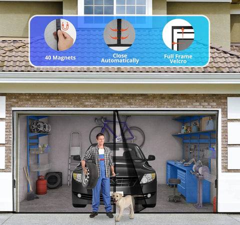Magnetic Garage Screen For 1 Car 8x7 Ft With Retractable Fiberglass Mesh in use, installed on garage door with car and owner.