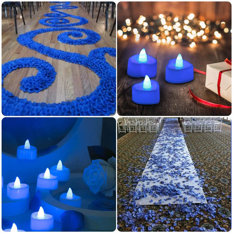 Blue Silk Rose Petals Romantic Night Decor Set With 2000 Pieces And 24 Flameless Heart Shaped Led Candles For Wedding Party And Valentines Day For Him, showcasing blue rose petals and LED candles in various decorative settings including a banquet hall and table setup.