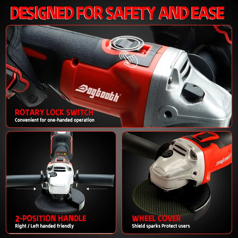 Beast Brushless Cordless Angle Grinder With 21V Battery And Fast Charger shown with rotary lock switch and wheel cover.
