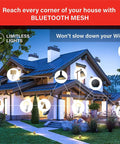 Smart home showcasing Bluetooth mesh connectivity with smart light bulbs lighting exterior in warm white for automation