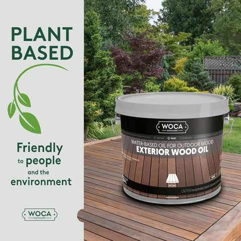 Exterior Wood Oil For Outdoor Surfaces A Water Based Penetrating Stain That Really Soaks In Deep For Decks Fences Siding And Outdoor Furniture Natural Finish 2.5L with greenery backdrop