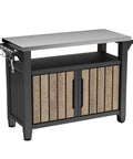 Alt Tag: Wood Look Outdoor Entertainment Cart With 78 Gallon Storage, Stainless Steel Top For BBQ Prep, Weather Resistant Resin, Patio Deck Backyard Party Station, DecoCoat Finish In Ashwood