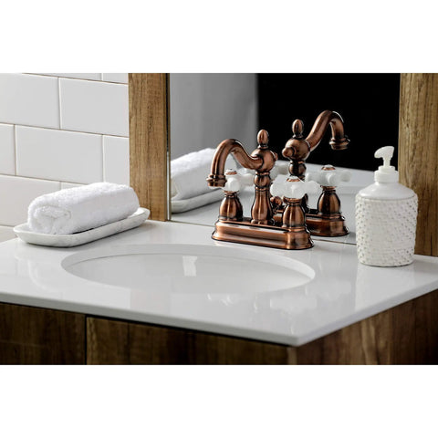 Antique Copper 4-Inch Centerset Bathroom Faucet In Solid Brass With Durable Washerless Cartridge, Deck Mount 3-Hole Installation