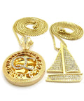 Iced Out Yacht Pendant And QC Pendant With Box Chain Necklaces Set For Hip Hop Fans Includes 24 Inch And 30 Inch Chains And Pendant Sizes 1.25 Inch By 1.65 Inch And 1.5 Inch By 2.15 Inch