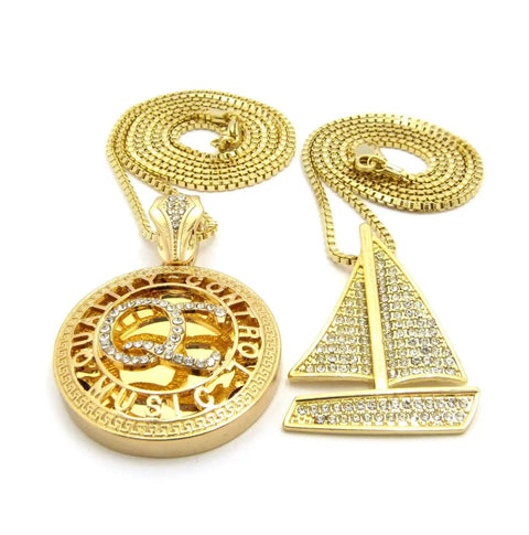 Iced Out Yacht Pendant And QC Pendant With Box Chain Necklaces Set For Hip Hop Fans Includes 24 Inch And 30 Inch Chains And Pendant Sizes 1.25 Inch By 1.65 Inch And 1.5 Inch By 2.15 Inch