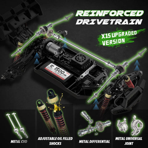 Brushless 1/10 Scale RC Car For Adults With 4x4 All Terrain Off Road Beast drivetrain and metal components highlighted