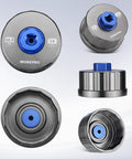 Heavy Duty Oil Filter Wrench With 64mm 14 Flute Aluminum Cartridge Removal Tool shown from different angles.