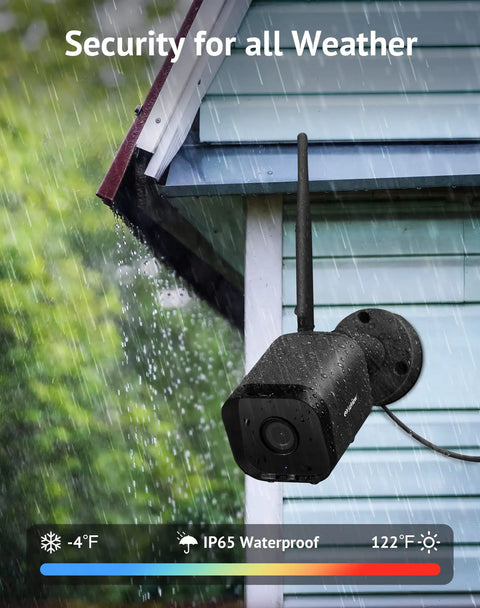 Outdoor security camera mounted under eave, showcasing weatherproof IP65 in rain. Two Pack Outdoor Security Cameras 1080P HD With AI Human Detection Weatherproof IP65 Two Way Audio Clear Night Vision 2.4G WiFi SD Card Slot And Cloud Storage Works With Alexa.