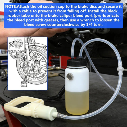 BELEY motorcycle brake bleeder kit; white 1L bottle with black cap connected to clear tubing and hand pump.