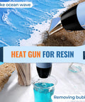 Close-up of Resin Heat Gun For Crafting, 350W Dual Temp Hot Air Gun With Fast Heat removing bubbles in resin art project.