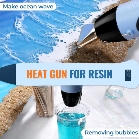 Close-up of Resin Heat Gun For Crafting, 350W Dual Temp Hot Air Gun With Fast Heat removing bubbles in resin art project.