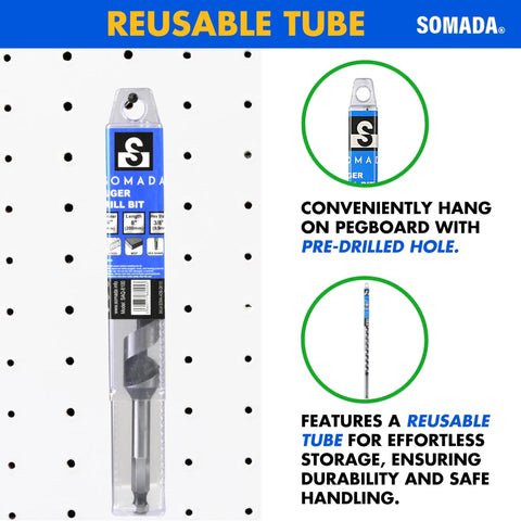 One Half Inch By Eight Inch Auger Drill Bit With Quick Change Three Eighths Inch Hex Shank For Wood Plastic Drywall And Composite Materials Long Reach For Soft And Hard Woods By SOMADA in packaging on pegboard.