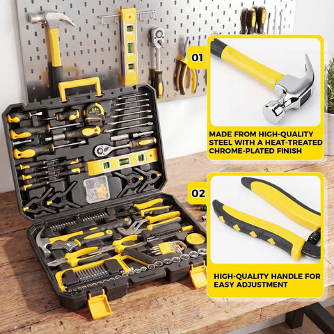 155 Piece Household Hand Tool Set With Toolbox Chrome Vanadium Construction for Garage Car DIY, tools displayed in open case