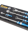 5-Piece Aluminum Ratchet Set With 90-Tooth Swivel Head And Flat Head Drives, three ratchets in display box