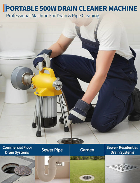 Portable 500W Drain Cleaner Machine in use for professional drain cleaning on bathroom floor drain.
