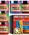Ultra Concentrated Water Based Wood Stain Dye Powder Kit With Five Bold Shades, five jars in bright colors for furniture makeovers.