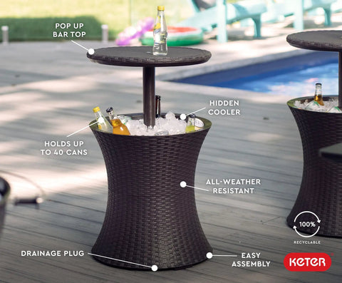 Outdoor Bar Table With 7.5 Gallon Beer And Wine Cooler Hidden Cooler Lid Lifts For Easy Access Portable Patio Side Table In Espresso Brown by a poolside