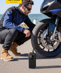 Portable Tire Inflator Air Compressor 5X Faster Up To 150 PSI Rechargeable Cordless Car Pump in use on motorcycle tire