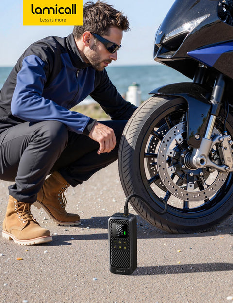 Portable Tire Inflator Air Compressor 5X Faster Up To 150 PSI Rechargeable Cordless Car Pump in use on motorcycle tire