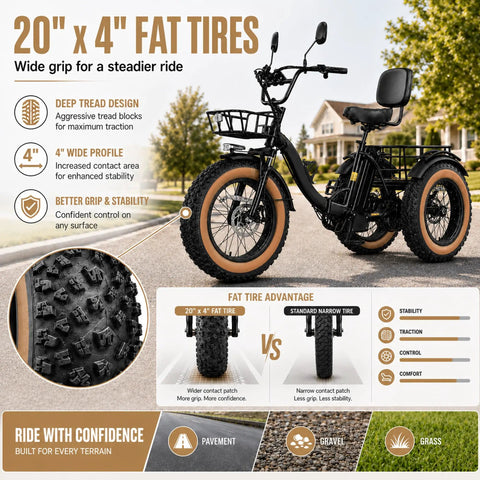 Folding Three Wheel Electric Trike For Adults 750W 48V Fat Tire 25MPH with 20 x 4 fat tires