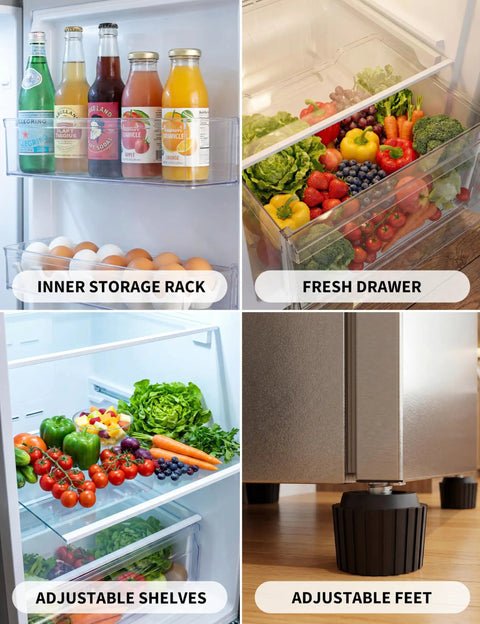 11 Cubic Foot Convertible Upright Fridge And Freezer Freestanding Setup showing inner storage rack, fresh drawer, adjustable shelves, and feet.
