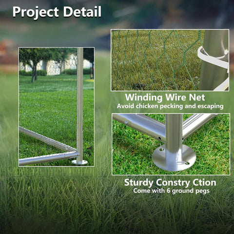 Close-up of Large Metal Chicken Coop Walk In Poultry Pen Outdoor Shelter corner joint and wire netting details on grass.