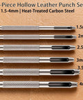 Six Size Hollow Leather Punch Set with Knurled Grip, heat-treated carbon steel, sizes 1.5mm to 4mm, on leather surface.