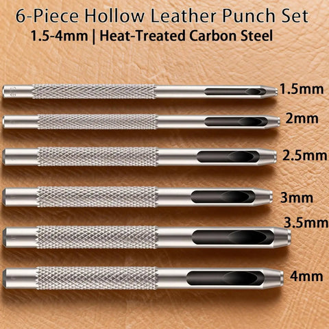 Six Size Hollow Leather Punch Set with Knurled Grip, heat-treated carbon steel, sizes 1.5mm to 4mm, on leather surface.