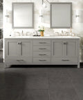 84 Inch Gray Double Sink Bathroom Vanity featuring a Genuine White Carrara Top and Solid Wood Construction.