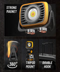 Beast Bright 2000 Lumen Rechargeable LED Work Light With 8000mAh Power Bank showing magnet, 360-degree swivel, and hooks.