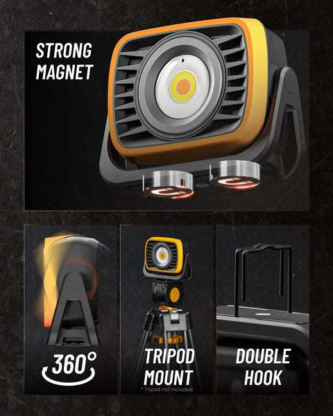 Beast Bright 2000 Lumen Rechargeable LED Work Light With 8000mAh Power Bank showing magnet, 360-degree swivel, and hooks.