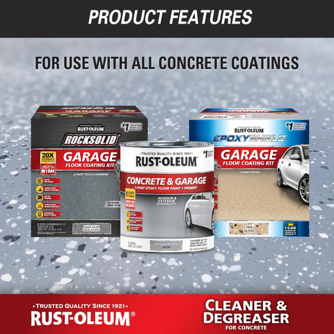 Three Rust-Oleum garage floor coating kits, suitable for Heavy Duty Cleaner Degreaser For Home And Pro Jobs Prep Concrete.