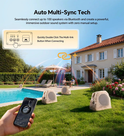 Outdoor Rock Speaker Duo With 60W Deep Bass For Killer Backyard Vibes beside a pool, showcasing multi-sync feature and remote control.