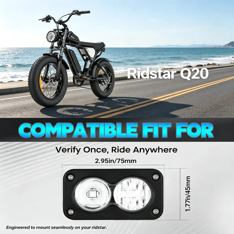 Rock Solid 20W 6500K LED Headlight for Electric Bikes and ATVs, mounted on black electric bike by the beach road