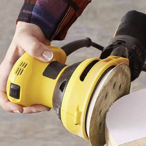 Yellow sander using 110 Piece 5 Inch 8 Hole Sanding Disc Set With Aluminum Oxide Grits 60 Through 1000 For Wood Plastic Rust Removal