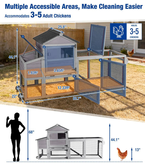 Mobile Chicken Coop With Run And Wheels, Beefy Outdoor Hen House On Wheels, Duplex Chicken Cage With Slide Out Tray And Waterproof Roof