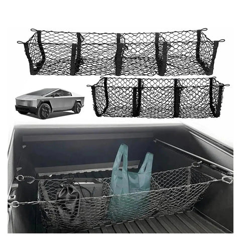 Hammock Style Three Compartment Cargo Net Made For Tesla Cybertruck 2024 Plus Truck Bed Storage Mesh Pouch with bags inside.
