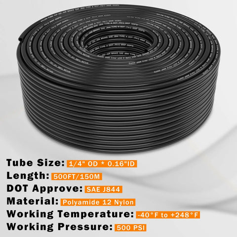 Coiled DOT Approved PA12 Nylon Pneumatic Tubing One Quarter Inch Outer Diameter Air Line For Semi Trucks Trailers And Industrial Air Systems Five Hundred Feet Long 152 M Heavy Duty All Purpose High Temperature Flexible Corrosion Resistant SAE J844 Ready