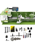 Intsuprm Mai 8 X 29.5 Inch Mini Metal Lathe Dual Chuck Double Head with tools and digital readout for precise machining.